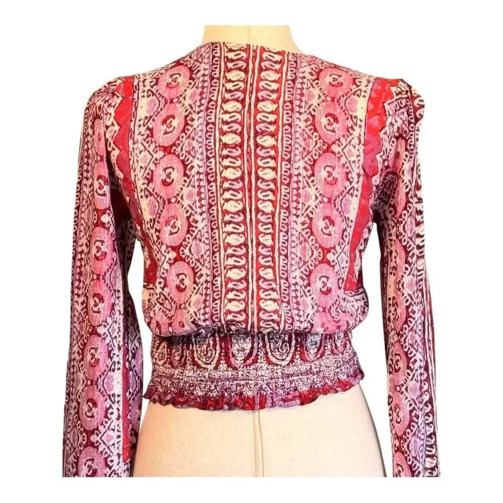 Free People Boho Cropped V-Neck Blouse Pink Print Boho Chic Printed Floral XS